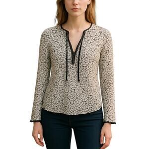 Nightcap Clothing White Floral Black Tie Neck Long Sleeve Top